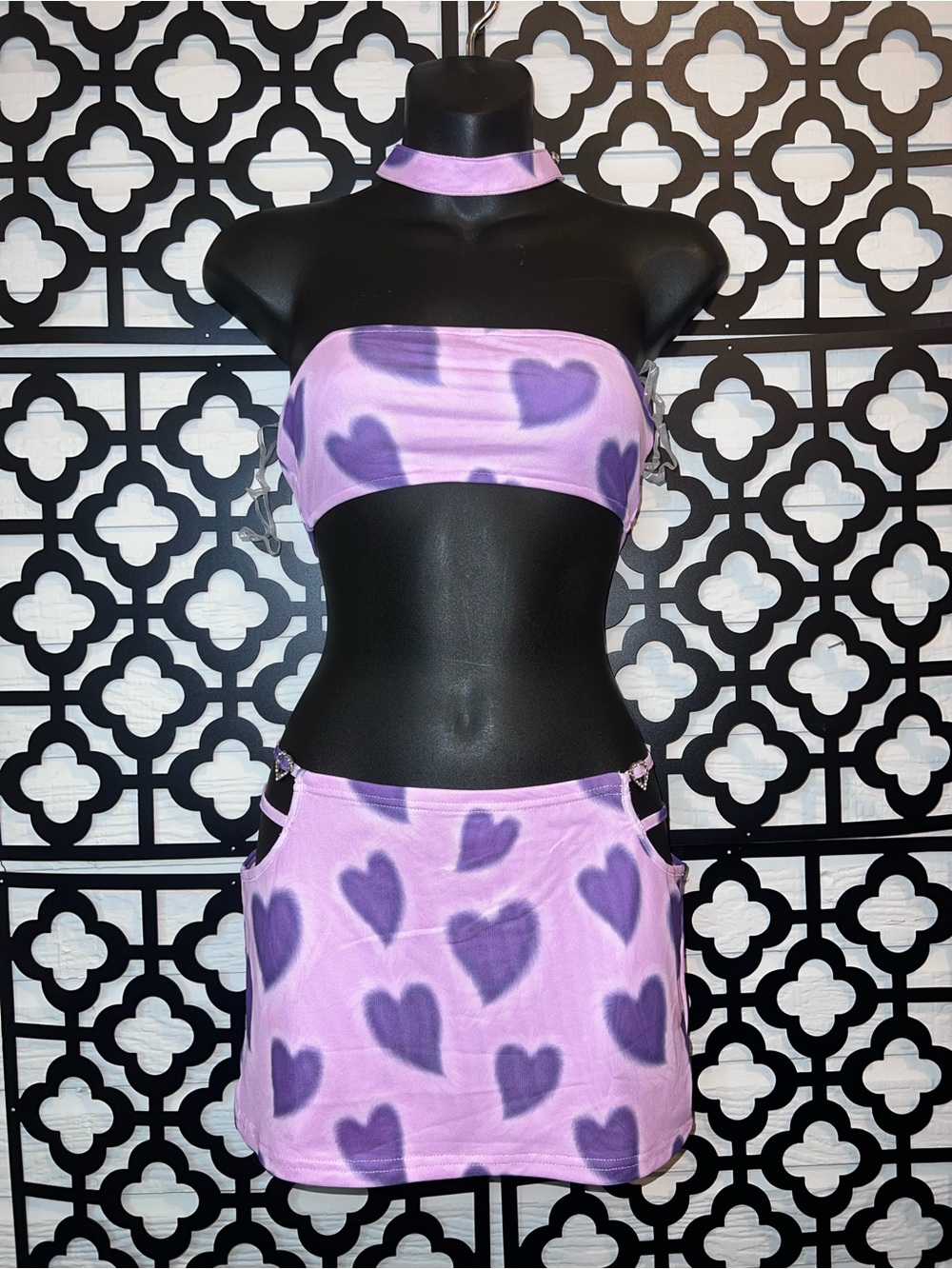 Dolls Kill Lavender Mini Skirt with Dark Purple Heart Print
